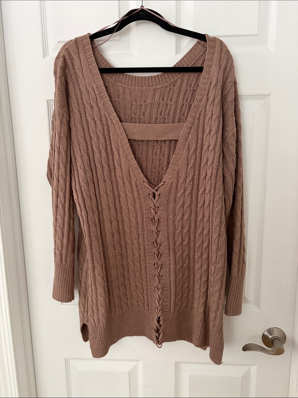 Women's Taupe Cable-Knit Scoop Neck Sweater with Lace Up Back